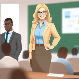 A realistic depiction of a blonde teacher with an attractive appearance, wearing a professional outfit including a pencil skirt, blazer, and shirt