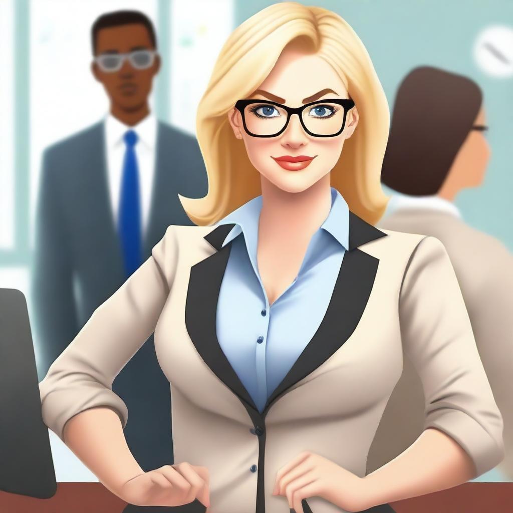 A realistic depiction of a blonde teacher with an attractive appearance, wearing a professional outfit including a pencil skirt, blazer, and shirt