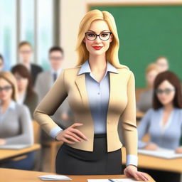 A realistic depiction of a blonde teacher with an attractive appearance, wearing a professional outfit including a pencil skirt, blazer, and shirt