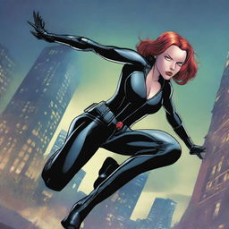 A detailed illustration of Black Widow from the Marvel universe, showcasing her in a dynamic action pose