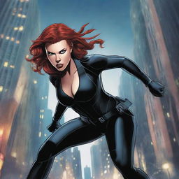 A detailed illustration of Black Widow from the Marvel universe, showcasing her in a dynamic action pose