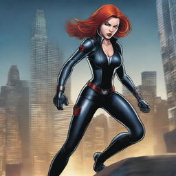 A detailed illustration of Black Widow from the Marvel universe, showcasing her in a dynamic action pose