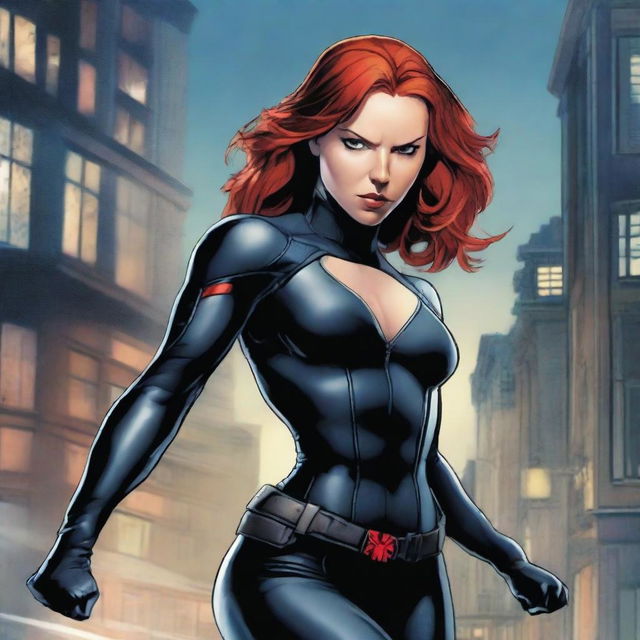 A detailed illustration of Black Widow from the Marvel universe, showcasing her in a dynamic action pose