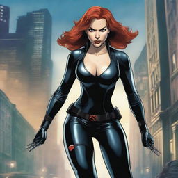 A detailed illustration of Black Widow from the Marvel universe, highlighting her athletic and strong physique