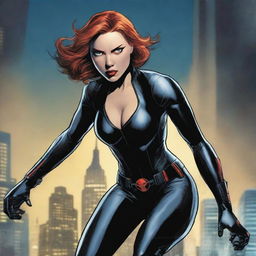 A detailed illustration of Black Widow from the Marvel universe, highlighting her athletic and strong physique