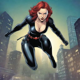 A detailed illustration of Black Widow from the Marvel universe, highlighting her athletic and strong physique