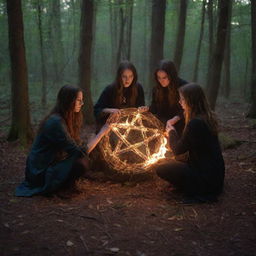 Four teenagers encircling a flaming, witchy pentagram deep within the woodland under the cover of night, creating a scene brimming with mystique and youthful curiosity.