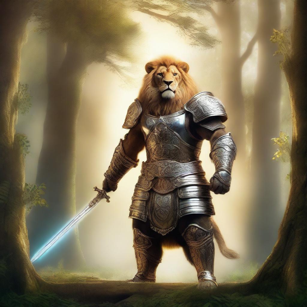 A majestic lion warrior standing tall in a fantasy setting, wearing intricate armor and holding a gleaming sword