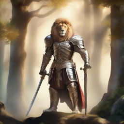 A majestic lion warrior standing tall in a fantasy setting, wearing intricate armor and holding a gleaming sword