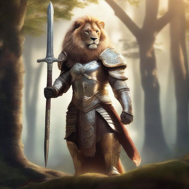 A majestic lion warrior standing tall in a fantasy setting, wearing intricate armor and holding a gleaming sword