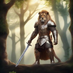 A majestic lion warrior standing tall in a fantasy setting, wearing intricate armor and holding a gleaming sword