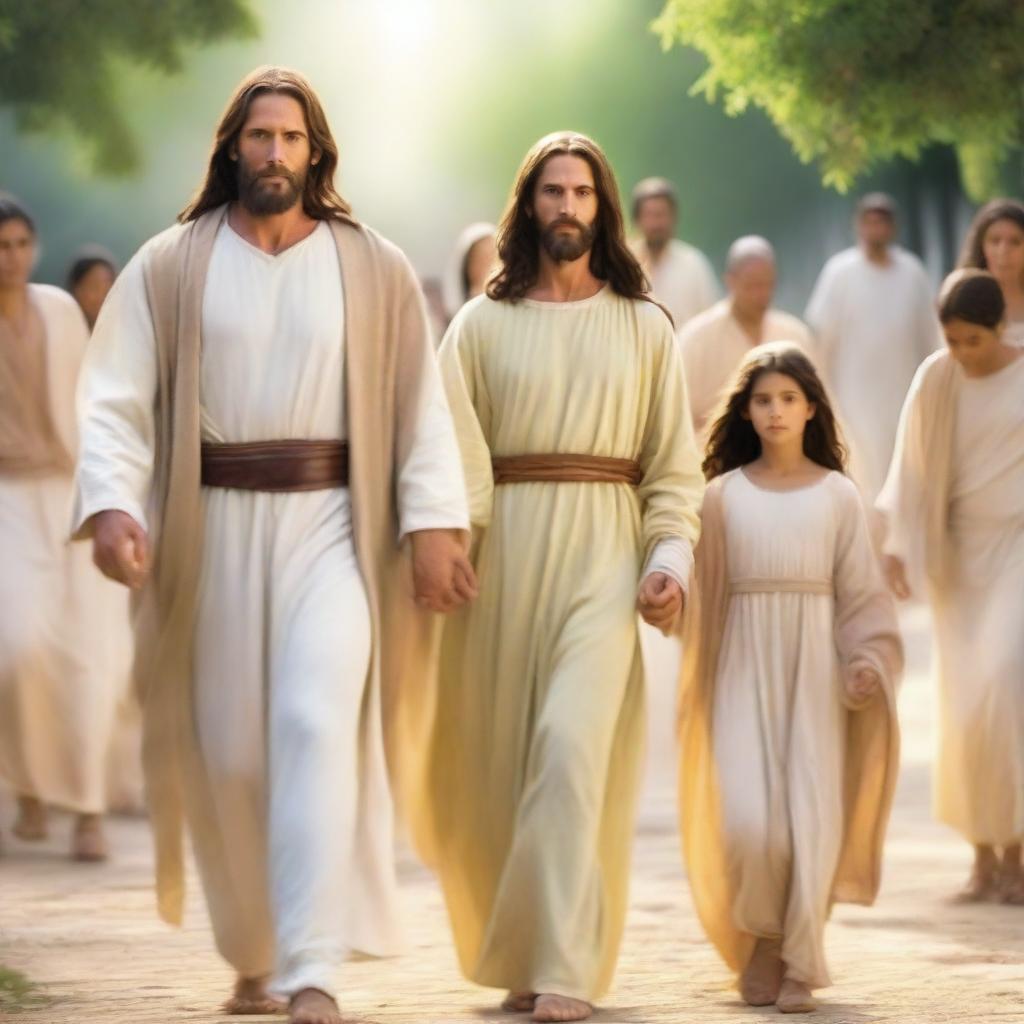 An image of Jesus with a loving gaze, walking alongside a family consisting of a mother, father, and children