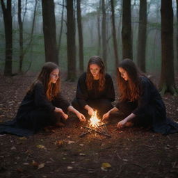 Four teenagers encircling a flaming, witchy pentagram deep within the woodland under the cover of night, creating a scene brimming with mystique and youthful curiosity.