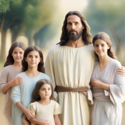 An image of Jesus with a loving gaze, walking alongside a family consisting of a mother, father, and children