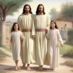 An image of Jesus with a loving gaze, walking alongside a family consisting of a mother, father, and children