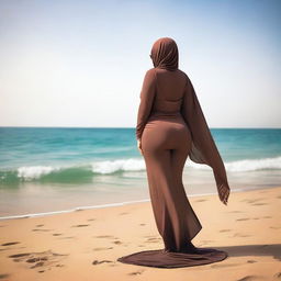 A beautiful and gorgeous Arab woman with a curvy figure, wearing a bikini and a hijab, viewed from behind