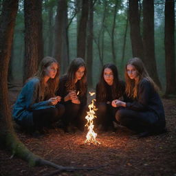 Four teenagers encircling a flaming, witchy pentagram deep within the woodland under the cover of night, creating a scene brimming with mystique and youthful curiosity.