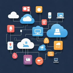 Create a simple vector illustration showing a network of IoT devices interconnected through the internet