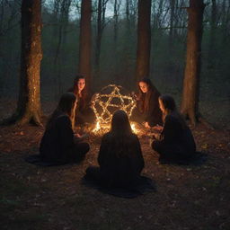 Four teenagers encircling a flaming, witchy pentagram deep within the woodland under the cover of night, creating a scene brimming with mystique and youthful curiosity.