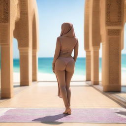 A beautiful and gorgeous Arab woman with a curvy figure, wearing a bikini and a hijab