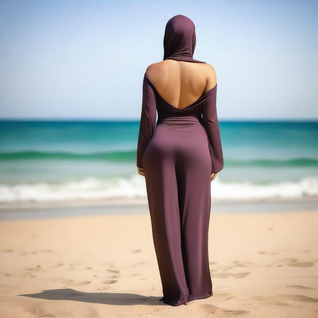 A beautiful and gorgeous Arab woman with a curvy figure, wearing a bikini and a hijab