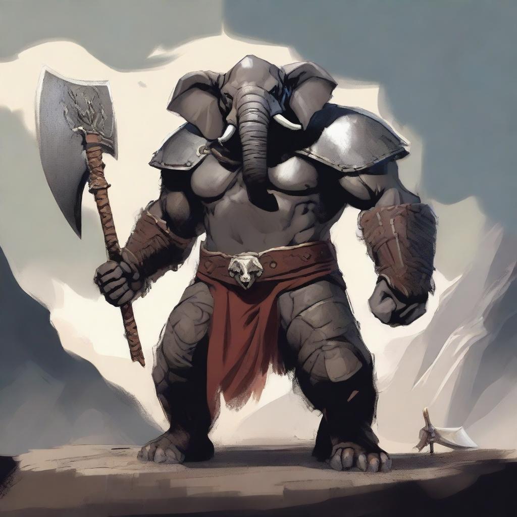 A humanoid elephant barbarian standing in a battle-ready pose