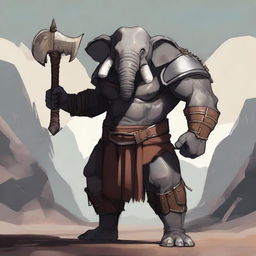 A humanoid elephant barbarian standing in a battle-ready pose