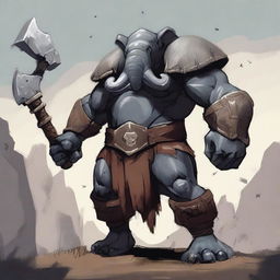 A humanoid elephant barbarian standing in a battle-ready pose