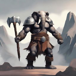 A humanoid elephant barbarian standing in a battle-ready pose