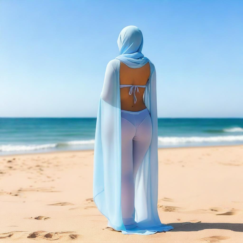 A beautiful, gorgeous Arab woman with a curvy figure, wearing a bikini and a hijab