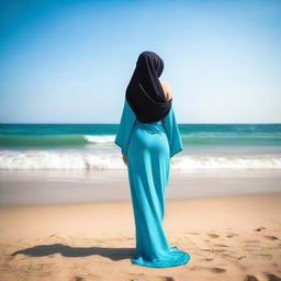 A beautiful, gorgeous Arab woman with a curvy figure, wearing a bikini and a hijab