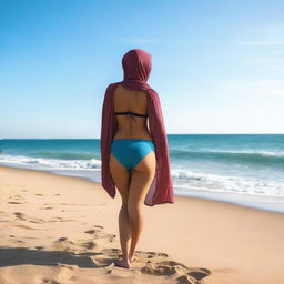 A beautiful, gorgeous Arab woman with a curvy figure, wearing a bikini and a hijab