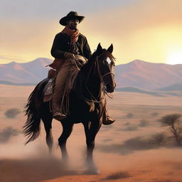 A realistic image of a Black cowboy riding a horse in a Wild West landscape