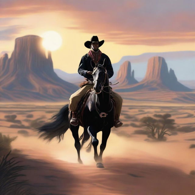 A realistic image of a Black cowboy riding a horse in a Wild West landscape