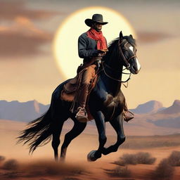 A realistic image of a Black cowboy riding a horse in a Wild West landscape