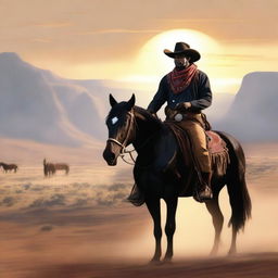 A realistic image of a Black cowboy riding a horse in a Wild West landscape