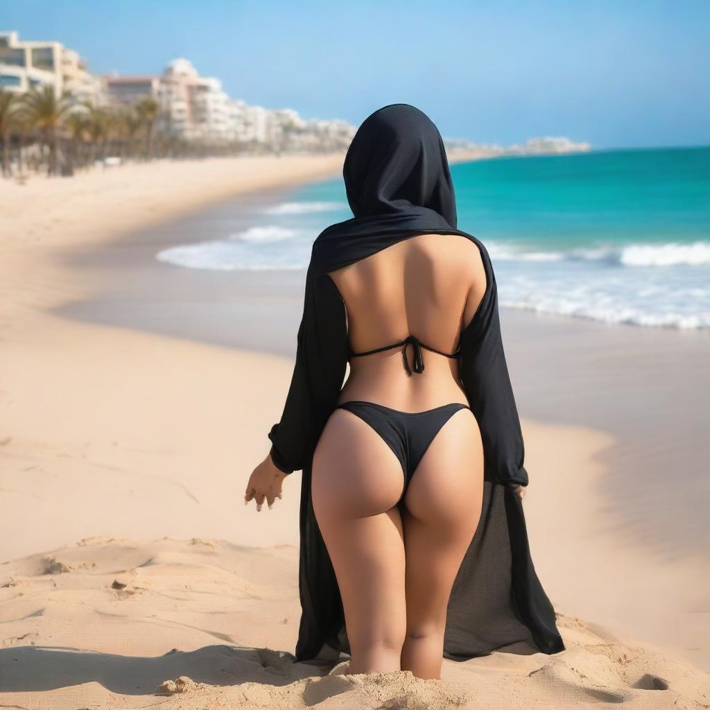 A beautiful and gorgeous Arab woman with a curvy figure, wearing a bikini and a hijab