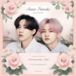 Create a book cover featuring Suga and Jimin from BTS with the title 'Amor Prohibido' and written by @_armybts_girl