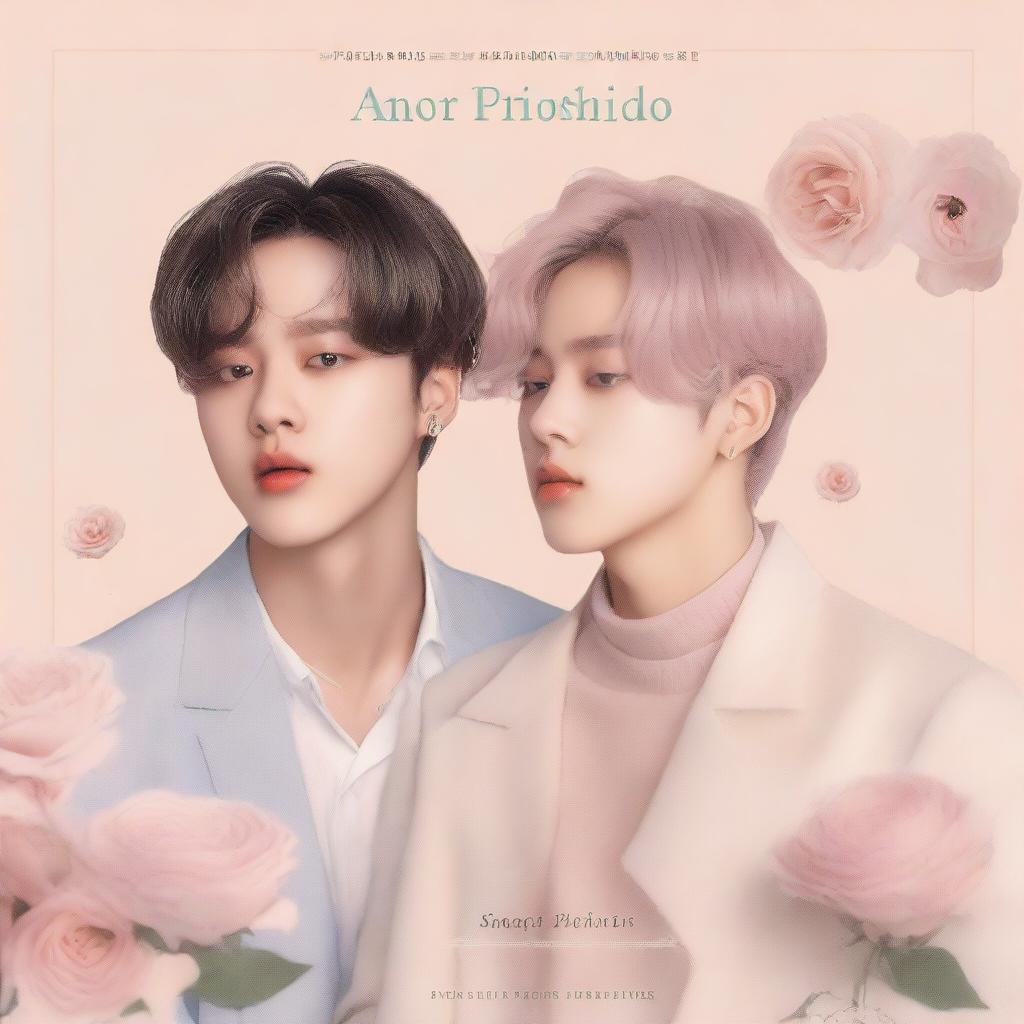 Create a book cover featuring Suga and Jimin from BTS with the title 'Amor Prohibido' and written by @_armybts_girl