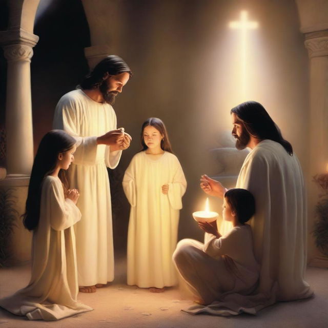 A serene and heartwarming scene featuring a family gathered together, with Jesus in the center holding the Eucharist