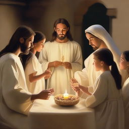 A serene and heartwarming scene featuring a family gathered together, with Jesus in the center holding the Eucharist