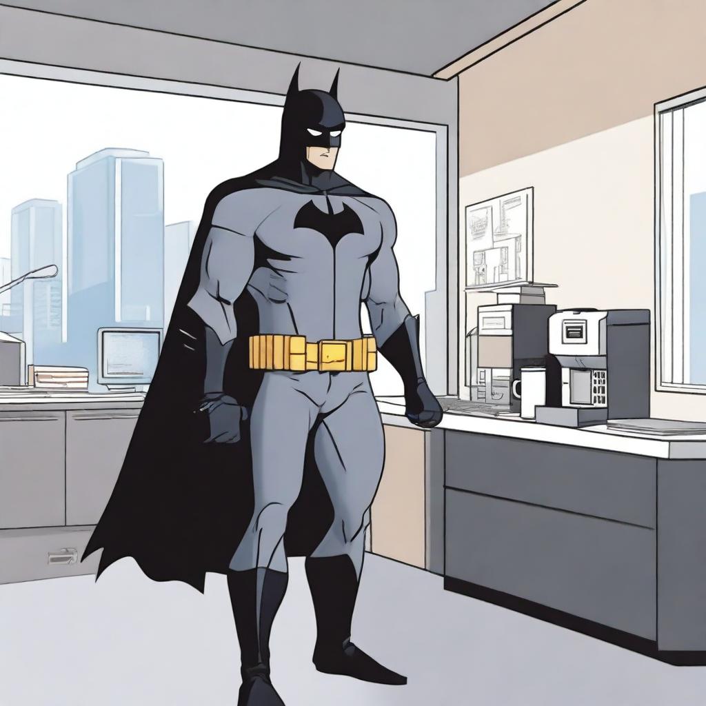 Batman, dressed in his iconic suit but without the mask, is seen working in a modern office