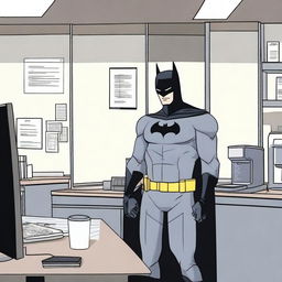 Batman, dressed in his iconic suit but without the mask, is seen working in a modern office