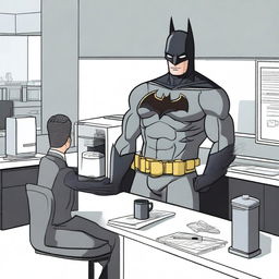 Batman, dressed in his iconic suit but without the mask, is seen working in a modern office