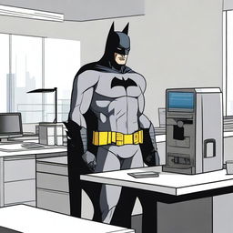 Batman, dressed in his iconic suit but without the mask, is seen working in a modern office