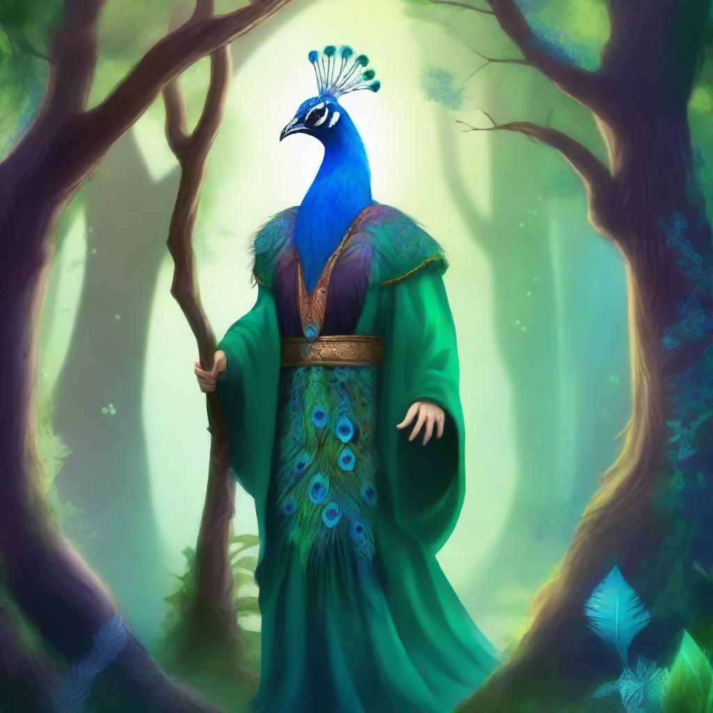 A majestic druid character adorned in peacock feathers, standing in a lush forest