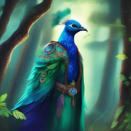 A majestic druid character adorned in peacock feathers, standing in a lush forest