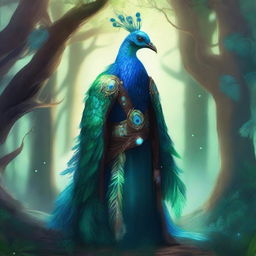 A majestic druid character adorned in peacock feathers, standing in a lush forest