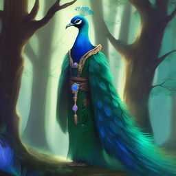 A majestic druid character adorned in peacock feathers, standing in a lush forest