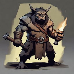 A dark-furred Bugbear goblinoid with a symbol of a justice scale sealed on its armor, wielding a long two-handed hammer